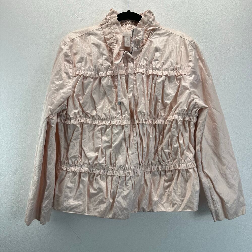 Chico's Ruffled Ruched Pink Jacket Full Zip Windbreaker 2 Large